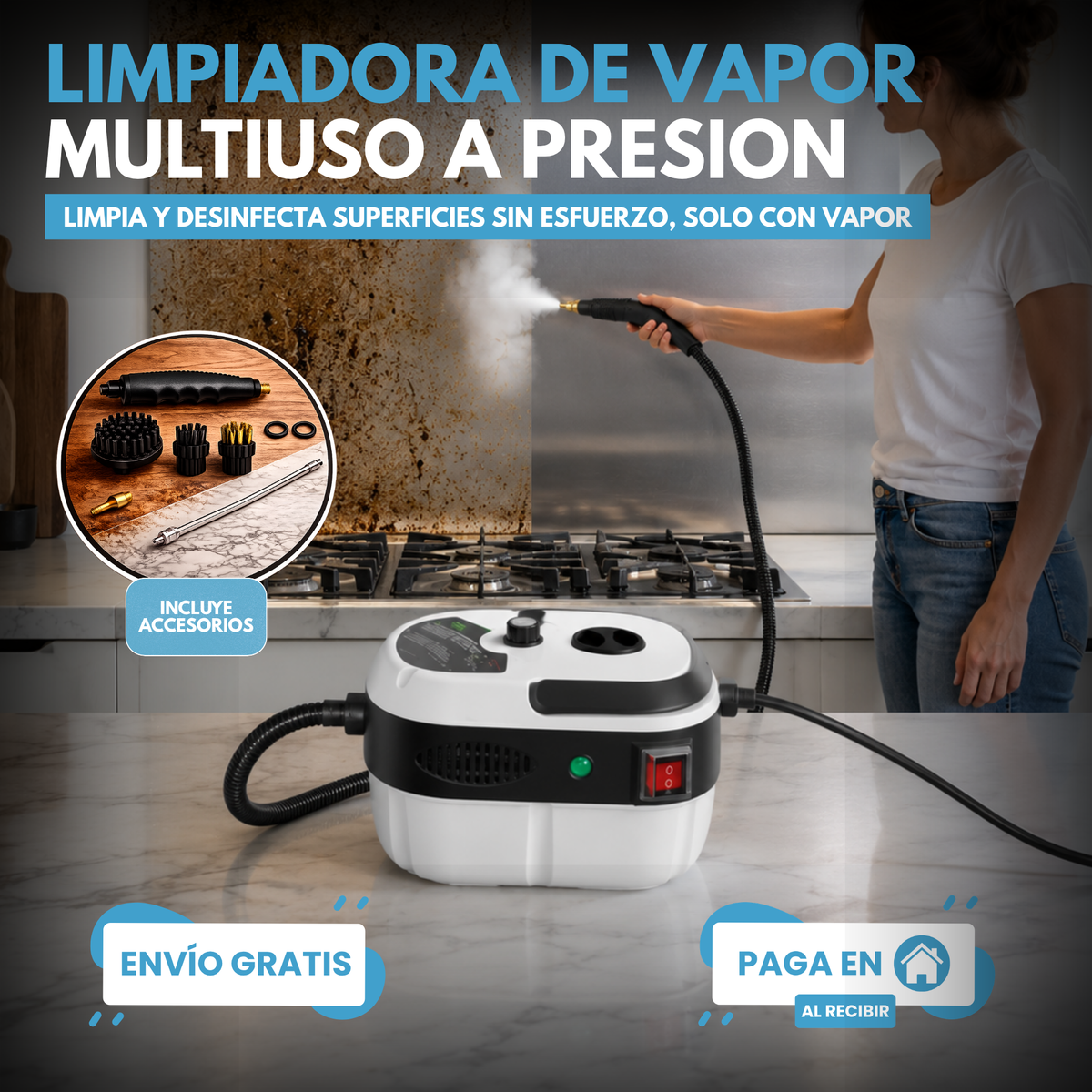 LIMPIADORA A VAPOR PORTÁTIL 2500W DE ALTA PRESIÓN | ACCESORIOS DE REGALO 🎁